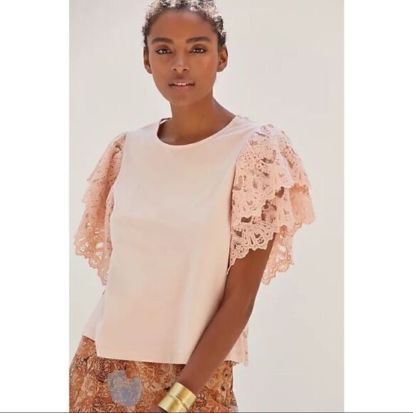 NEW Anthropologie Forever That Girl Pink Flutter Sleeved Lace-Back Top X-Large - Picture 2 of 5